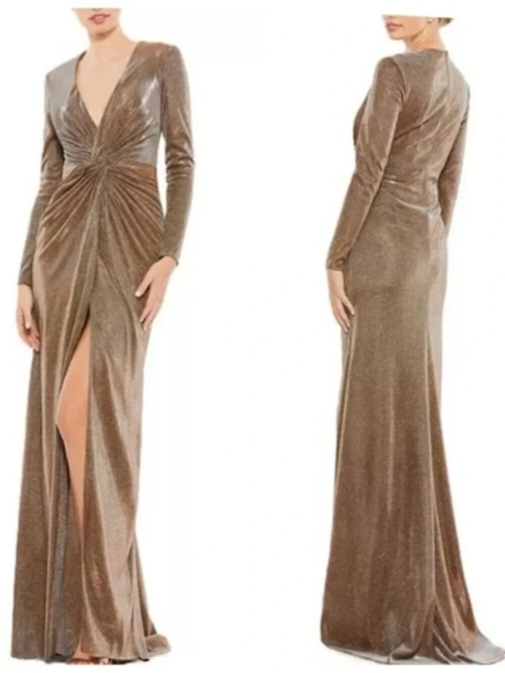 Mac Duggal Bronze Twist Front Long Sleeve Metallic Evening Dress